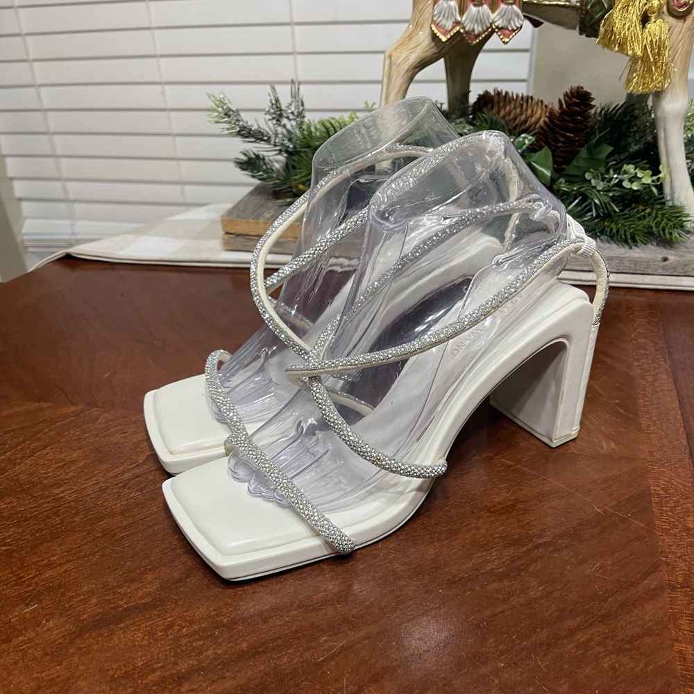 AZALEA WANG Diamond Crystal Strap Sandals Heels Square Toe - Picture 1 of 9